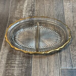 Vintage Clear Glass Divided Serving Dish w/ Gold Trim Scalloped Edge